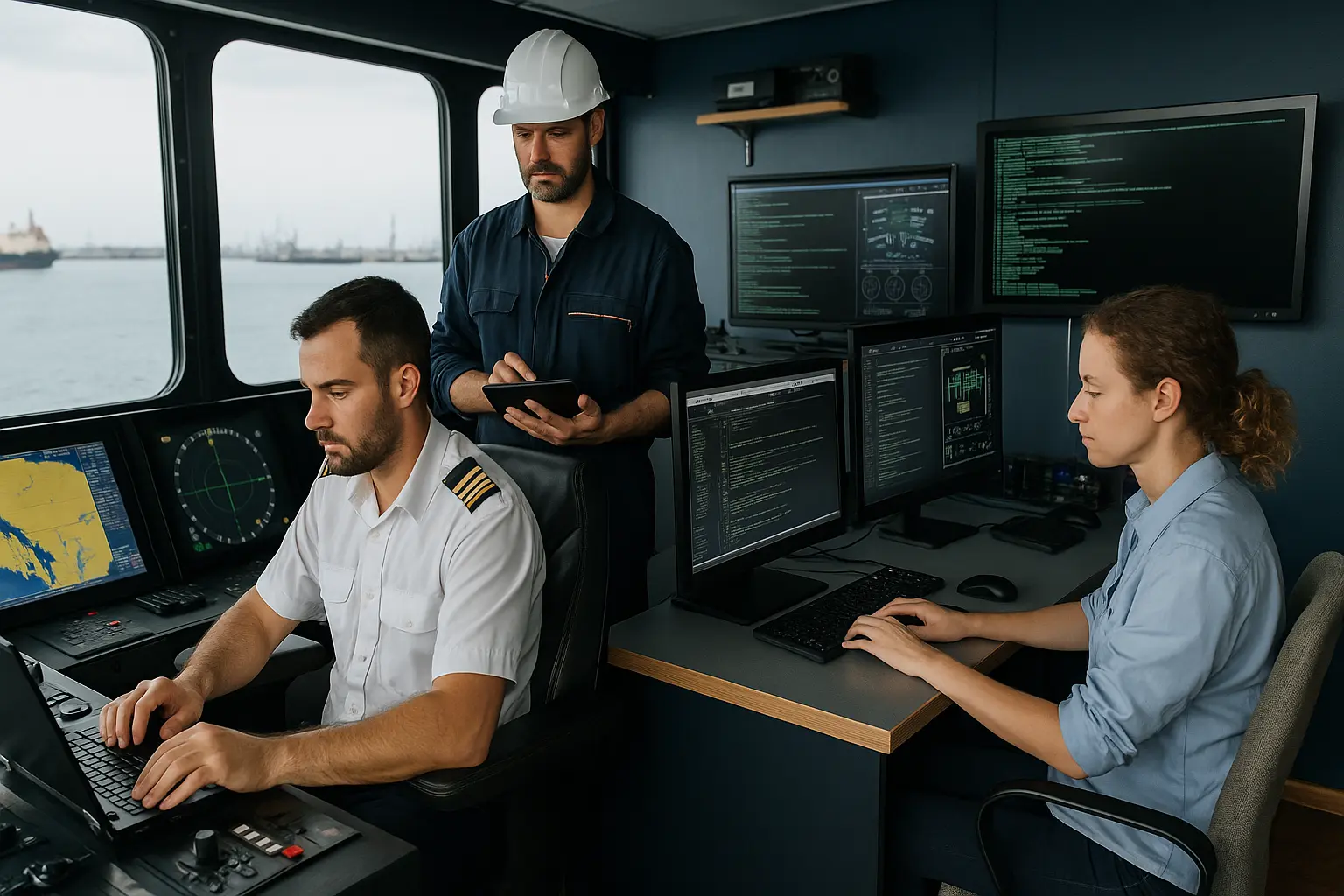 Σύγχρονο ναυτιλιακό control room με πλοίαρχο, μηχανικό και αναλύτρια δεδομένων να εργάζονται σε ψηφιακά συστήματα με φόντο τη θάλασσα και πλοία.